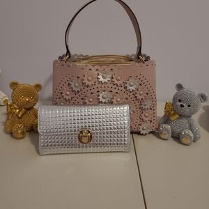 Chic Mellow World Floral Pink Shoulder Bag and Silver Clutch Set